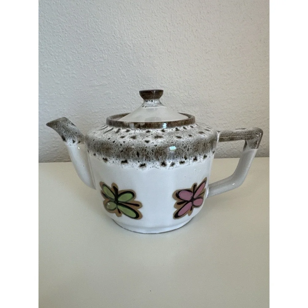Vintage Fred Roberts Fat Lava Teapot Made in Japan Flowers/Butterflies MCM